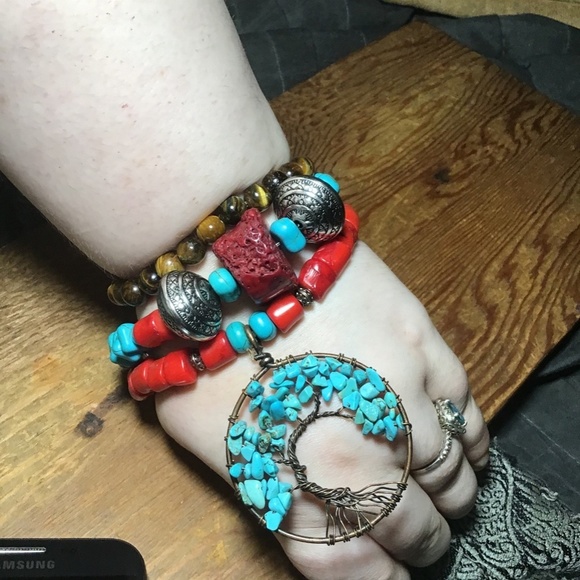 Handmade turquoise , coral hand wrapped bohemian three layer statement bracelet - Picture 3 of 9